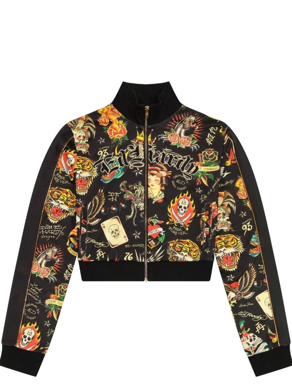 NEW Ed Hardy Black Zip up Cropped Bomber Jacket Multicolor Tattoo Prints SZ LG